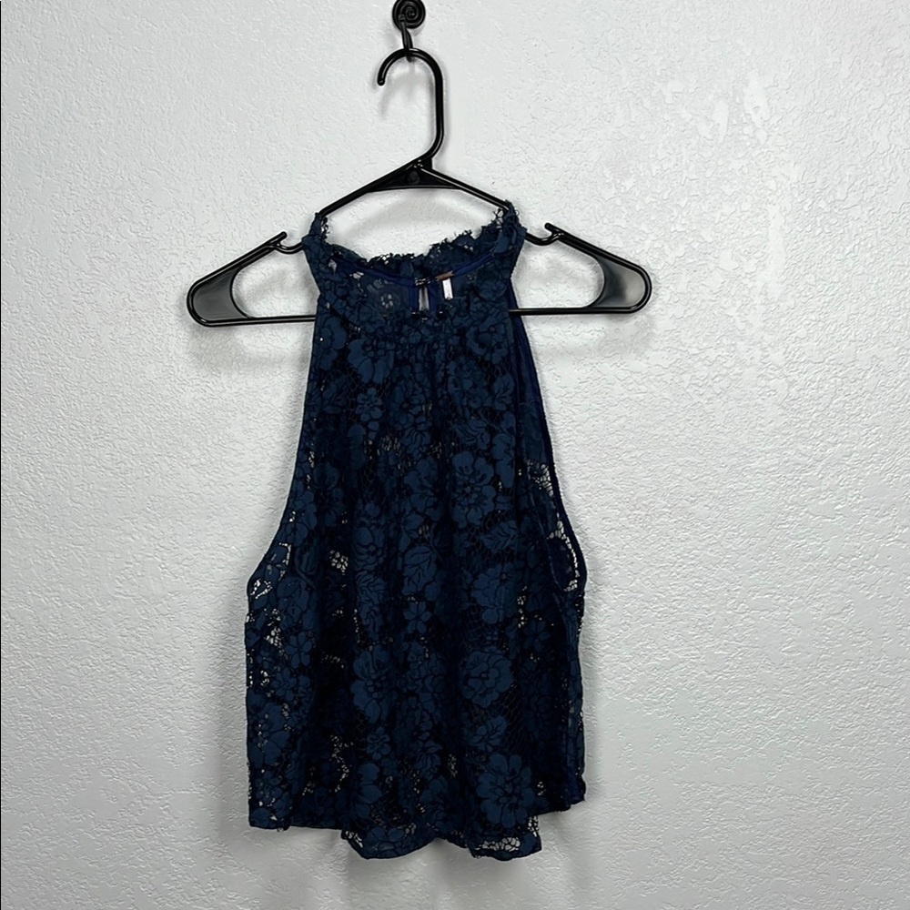 Free People Women's Navy Blue Sweet Meadow Floral Lace Halter Top Summer Sz L